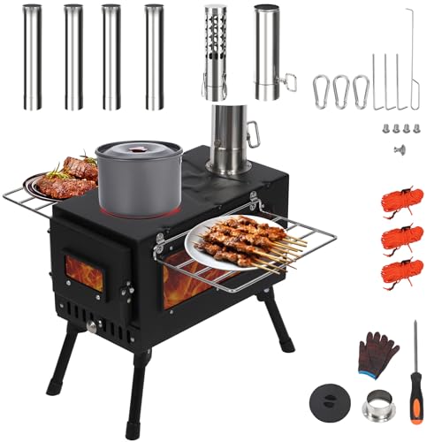 REDCAMP Hot Tent Stove, Portable Wood Burning Stove with Side Window Chimney Pipes Gloves Windproof Ropes, Foldable Log Burner for Outdoor Camping Picnic Garden Cooking Heating, Black