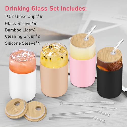 Image of sungwoo Glass Cups with Lids and Straws, 4 Pack 16OZ Iced Coffee Cups with Silicone Sleeve, Glass Tumbler with Straw and Bamboo Lid, Home Essential Drinking Set for Juice, Cocktail and Latte 4 Colours