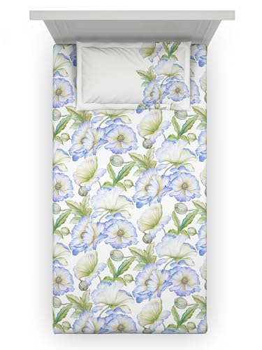 Image of 100% Pure Cotton Single Bedsheet with 1 Pillow Cover | Floral 145TC | Strong Weave for Everyday Use | 152 CM X 224 CM | - Vista Blue