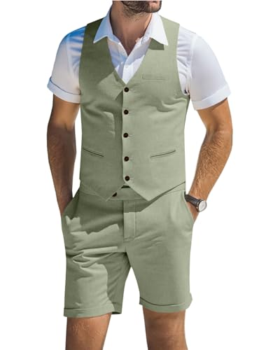 Costume 2 pièces en lin pour homme avec gilets courts et gilets pour homme - Tenue décontractée pour l'été, la plage, les garçons d'honneur, le mariage,...