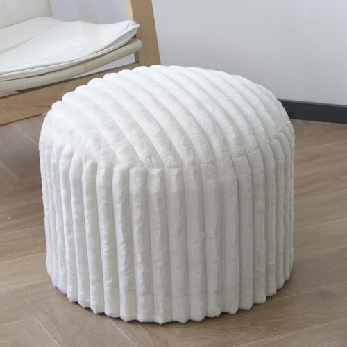 DAWNYIELD Puff Taburete, Puff Redondo de Pelo Sintético Suave - Reposapiés con Relleno de Espuma, 38 x 50 cm, Otomana Multiusos para Salón o Dormitorio, Blanco