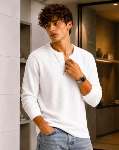 Image of AUSK Men's Waffle Knit Henley T-Shirt | Cotton Blend Full Sleeve Textured Casual T Shirt | Regular Fit Button Placket Round Neck Tshirt for Men