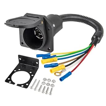 MECMO 7 Way RV Trailer Light Connector Socket 7 Pin Wire Electrical Trailer Adapter Quick Converter with Mounting Bracket, Truck End Quick-Install 7 Prong Universal Pigtail Wiring Harness Vehicle Side