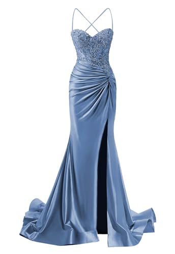 SOLODISH Satin Prom Dresses for Women Spaghetti Straps Lace Applique Corset Mermaid Formal Evening Gown