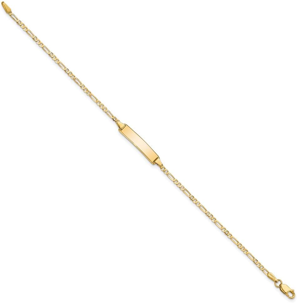 Engravable Personalized Custom 14K Yellow Gold Flat Figaro Link ID Bracelet For Men or Women Length 7 inches Width 4.5 mm