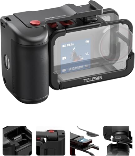 Image of TELESIN Metal Aluminum Alloy Street Grip Kit for DJI Osmo Action 5 Pro /4 /3 | Camera Grip Handle with Ultra-Light Cage | Patented Seesaw Shutter Button | Ergonomic Holder Set