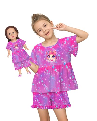 Image of LQSZ Matching Girls & Doll Pajamas Set for Toddler Girls Short Sleeves Cute Outfit Sleepwear
