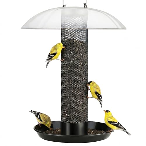 Kingsyard Finch Bird Feeder for Outdoors Hanging, Metal Mesh Tube Bird Feeders for Thistle & Nyjer Seed, Large Removable Tray & Rainproof Dome, 2.5 lbs Seed Capacity, Black
