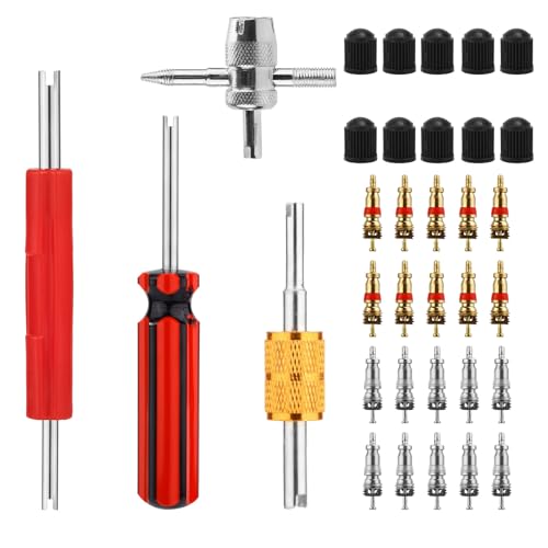 lasuroa Tire Stem Repair Kit, Including Wrench Tool Copper Valve Core Copper Nickel-Plated Valve Core & Plastic Caps for Car Bike RV Truck HVAC AC Repair Installer