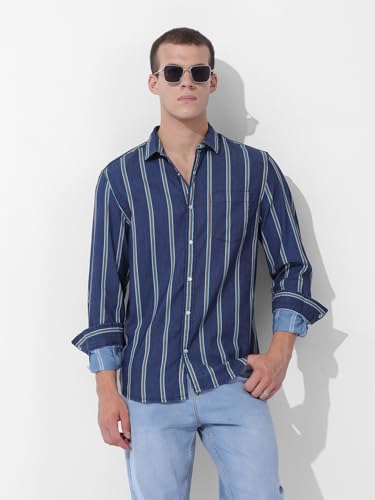 Chemise décontractée ajustée à rayures saphir en taille M pour homme - 7