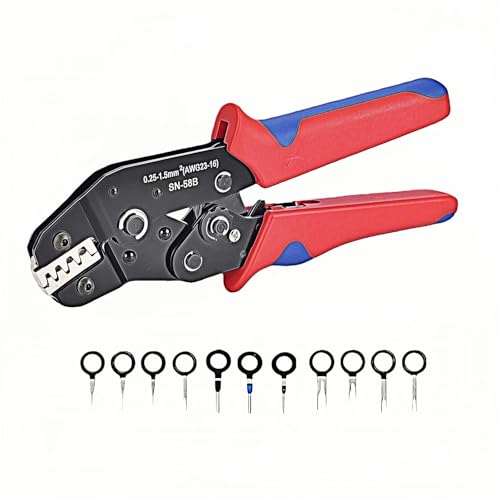 SN-58B Wire Crimping Tool with Ratchet for Deutsch DELPHI AMP Dupont TYCO JST Terminals with Terminal Removal Kit Ratchet Crimper AWG23-16 (0.25-1.5mm)Professional for Automotive & ElectronicsDIY