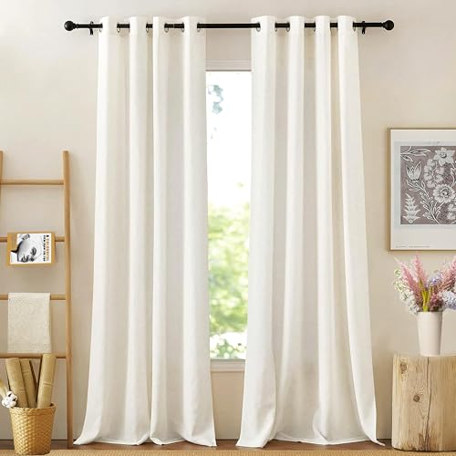 Tiny Break Natural Linen Light Filtering Curtains Flax Linen Blended Curtain Panels Living Room, Grommet Top, Semi-Sheer Soft Privacy Drapes, 84 inches Long, 2 Panels, Natural