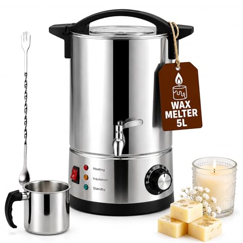 GKFF Wax Melter for Candle Making 5L (10 lbs) Electric Wax Melting Pot with Temperature Control and Heated Pour Spout Stainless Steel Candle Wax Melter for Soap Making Lotion and Body Butter