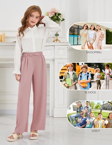 Image of Girls Wide Leg Palazzo Pant Loose Straight Cute Bow Waist Spring Summer Lightweight Dress Pant for Kids 5-14Y