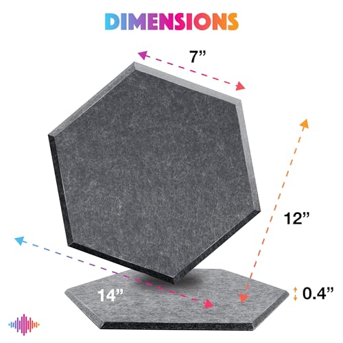 Image of Sonic Acoustics Self-Adhesive 12 Pack Hexagon Acoustic Panels, 14 inch X 12 inch X 0.4 inch High Density Sound Absorbing Panels Sound Proof Insulation Beveled Edge Studio Treatment Tiles-Dark Grey