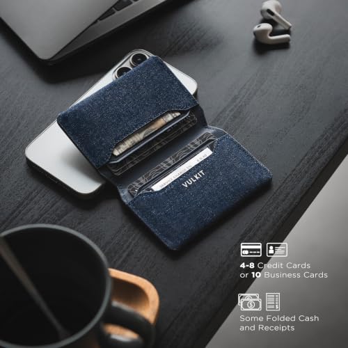 Image of VULKIT Slim Minimalist Card Holder RFID Blocking Leather Credit Card Holder Front Pocket Wallet Magnetic Closure, Denim Blue