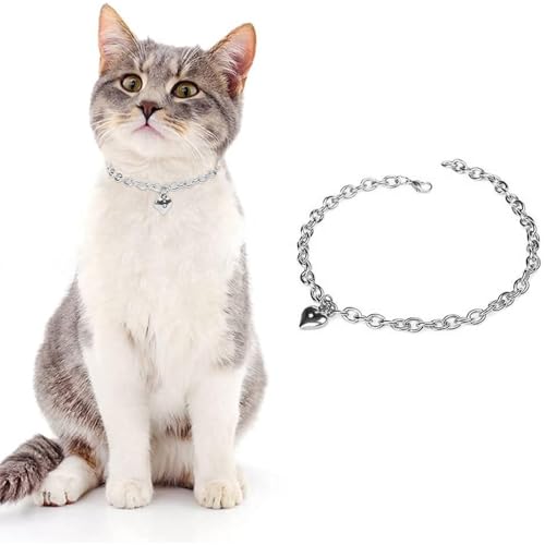 Image of HOWWFALY Dog Collar and Cat Chain Necklace Stainless Steel Adjustable 18K Sliver Heart-Shaped Necklace for Small Pets Cats Kitten Puppy (Sliver, 10 inch)