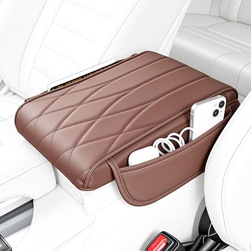 SINGARO Car Center Console Cover Pad, Universal Leather Waterproof Arm Rest Cover for Car with 2 Storage Bags, Car Interior Accessories for Most Vehicles, Cars, SUVs, Trucks (Brown)