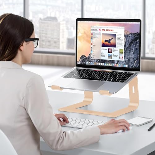 Image of OMOTON Laptop Stand, Detachable Laptop Mount, Aluminum Laptop Holder Stand for Desk, Compatible with MacBook Air /Pro, Dell, HP, Lenovo and All Laptops (11-16 inch), Gold
