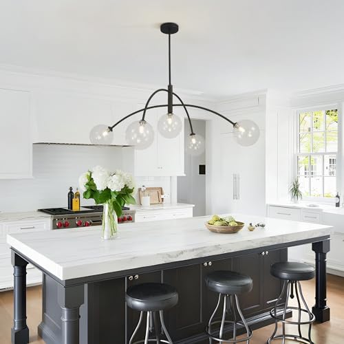 Image of Mid Century Modern Sputnik Chandelier Adjustable 5 Light Pendant Light Fixture Clear Glass Black Ceiling Chandelier for Dining Room Kitchen Bedroom