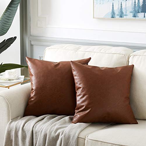 Image of Fancy Homi Faux Leather Boho Decorative Throw Pillow Covers, Thick Modern Solid Square Cushion Case Set for Couch Sofa Bedroom Car Living Room (20x20 Inch /50x50 cm, Cognac Brown) (20 inchx20 inch, Brown),