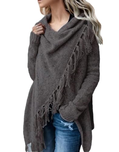 Image of Women's Open Front Knited Tassels Slash Loose Cardigan Crew Neck Speckled Fringe Sweater Outwear