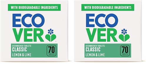 Ecover Classic Dishwasher Tablets, Contains Salt & Rinse Aid, Powerful Cleaning, Lemon & Lime Scent, Pack of 2, 70 Tablets