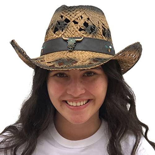 Image of SILVERFEVER Straw Cowboy Hat Cowgirl Hats Men Women Sun Hat Sombreros Vagueros Classic Western Accents Sombreros