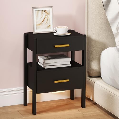 Tltaroni Nightstand with 2 Drawers and Open Shelf Wooden Bedside Table Gold Handles Modern Storage Night Stand Sensor Light for Bedroom Black