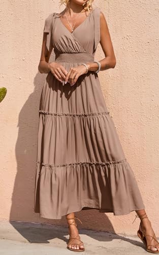 Image of PRETTYGARDEN Women's Cross Neck Summer Sleeveless Tiered Maxi Dress Beach Tie Strap Smocked Long Dresses Pleated Sundress