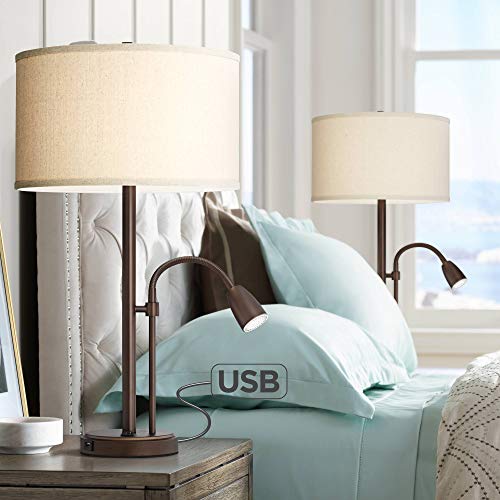 Traverse Modern Table Lamps Set of 2 with Hotel Style USB Charging Port Gooseneck LED Bronze Oatmeal Shade for Living Room Bedroom House Bedside Nightstand Home Office Reading - Possini Euro Design