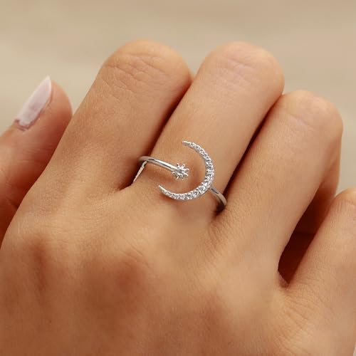 SUYACS 925 Sterling Silver Star and Moon Rings for Women 14K Gold Plated Adjustable Open Moon CZ Statement Ring Crescent Finger Ring Jewelry Birthday Engagement Gifts to Daughter2