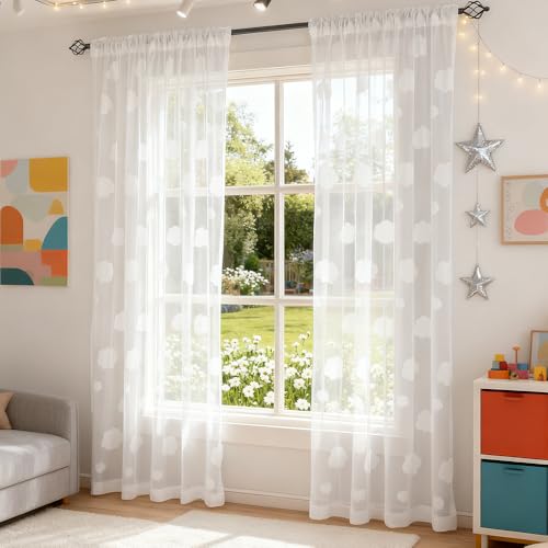 White 3D Cloud Sheer Curtains for Girls Bedroom Light Filtering