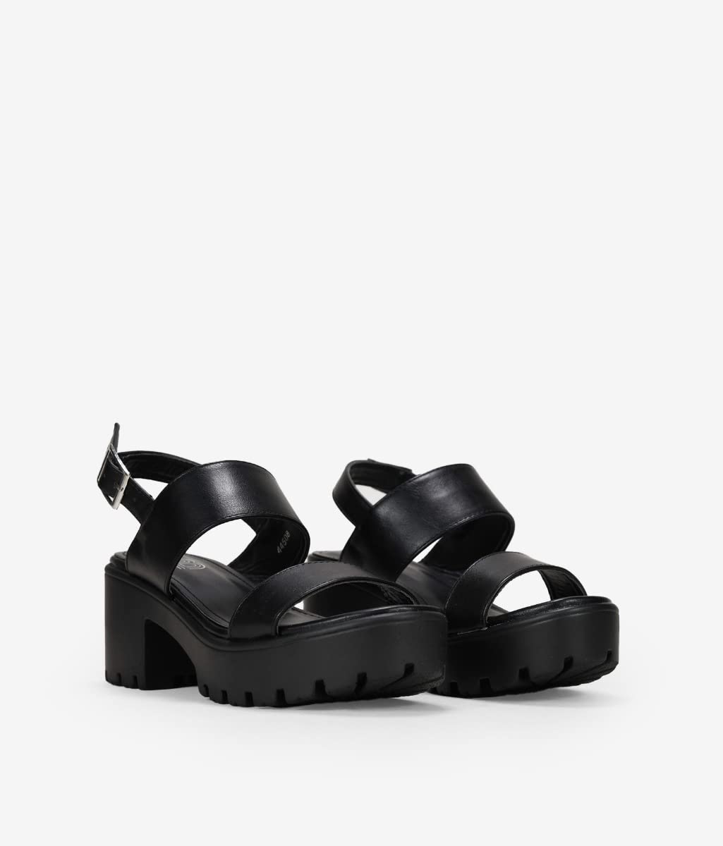 BOSANOVA Sandalias Negras con Dos Tiras Anchas al Empeine y Suela de Plataforma Dentada con tacón. Cierre de Pulsera con Hebilla. Calzado para Mujer