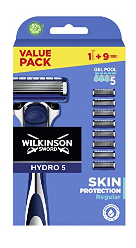 Wilkinson Sword Hydro 5 Skin Protection Regular - Maquinilla de Afeitar de 5 Hojas con 9 Recambios con Banda Lubricante Enriquecida con Pro Vitamina B5, Compatible para Cualquier Maquinilla Hydro