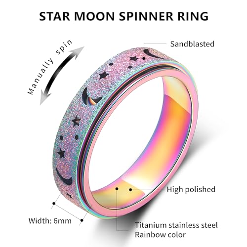 Anxiety Ring for Women Spinner Rings:Rotating Rings Stainless Steel 6mm Moon Star Anxiety for Men Band Jewelry Gift for Women Size 6 7 8 9 102