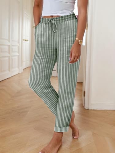 Akivide Women's Stripped Cotton Linen Pants Elastic High Waisted Comfy Loose Summer Beach Pants with Pockets2