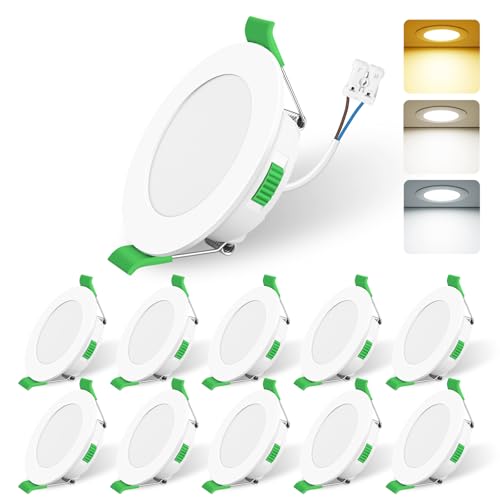 ALUSSO 10 Stück Einbaustrahler led 68mm,5W 460 Lumen Led Spots AC 220-240V,3CCT 3000K 4000K 6500K Dimmbar Deckenspots,IP44 Deckenstrahler für Küche,Wohnzimmer,Badezimmer,Weiß