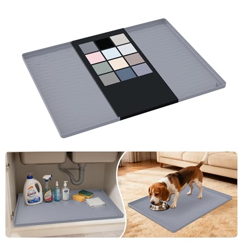 Image of URMONA Waterproof Silicone Under Sink Mat 25'' x 19'' Shelf Liner for Kitchen and Bathroom, Cabinet and Counter Protector, Storage and Organizers, Litter Mat, Pet Cat Puppy Essentials(Light Grey)