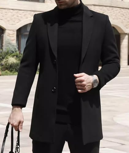 SOMTHRON Men's Winter Pea Coat Slim Fit Notched Lapel Single Breasted Mid Long Trench Coat Jacket Overcoat3