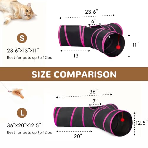 Image of Tempcore Cat Tunnel, 3-Way Collapsible Toy, Large Size Black & Rose Red | Large Size 3-Way Cat Tunnel Provides More Room for Cats to Run, Hide and Chase, with Peek Holes, Hanging Ball and Teaser Wand