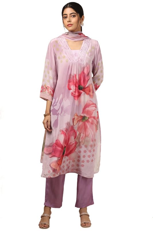 Image of Soch Womens Purple Crepe Floral Print Suit Set With Beads