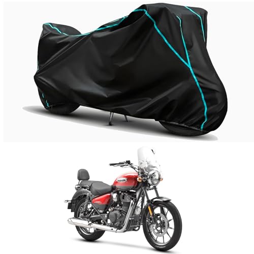 Image of Waterproof Bike Body Cover Compatible for | Royal Enfie Meteor 350 Fireball | Taffeta Fabric, Sky Piping Design, Bottom Elastic Fit | Dustproof, Sun UV & Rain Protection for All Weather.