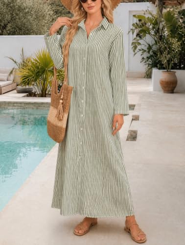 Image of Ladyful Women's Cotton Linen Maxi Dress Summer Long Sleeve Shirt Dress | Button down, Collared, Pockets, Solid color /Striped, Summer Caftans for women, Plus size, Cotton maxi dress for Party, Beach