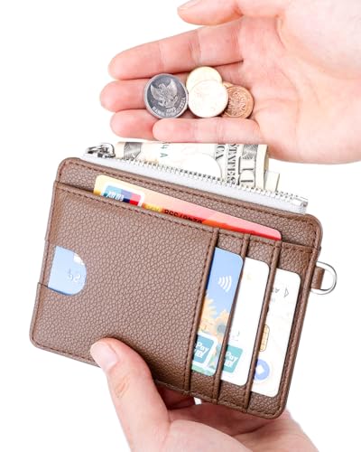 Image of Teskyer Slim Minimalist Wallet, RFID Blocking Credit Card Holder Leather Wallet with Zipper Pocket for Men Women, Coffee, 3.5 inch x 4.7 inch, Minimalist | Zip Pocket for Cash Coin, 1 ID Window & 7 Card Slots, Ultra Slim Design, D-Ring for Neck Lanyard, for Daily Carry and Travel