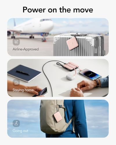 Image of VRURC Portable Charger for iPhone Built-in Cables, 22.5W USB C Fast Charging 10000mAh Pocket Power Bank, Battery Pack for iPhone 17 /16 /15 & Samsung Galaxy Android Phone, Pink(1 Pack)