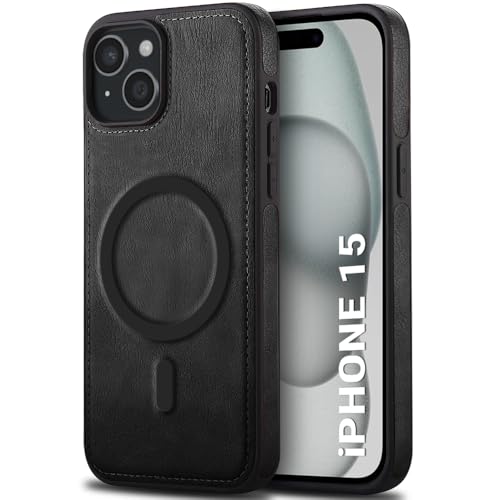 Image of TheGiftKart Genuine Leather Finish Back Cover Case for iPhone 15 | Shockproof Design | Raised Edges for Camera & Screen Protection | Stunning Minimalist Design Case Cover (MagSafe Compatible, Black)