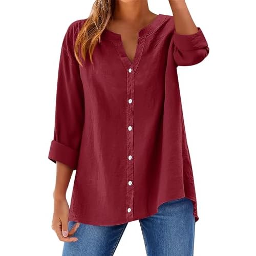 LOMON Womens Button Down Shirts Long Sleeve Cotton Button Up Shirt Linen V Neck Casual Loose Tops Blouses