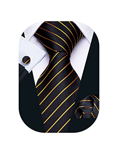 Image of Barry.Wang Tie Sets for Men Silk Stripe Necktie Woven Checkered Handkerchief Cufflinks Formal Business Wedding