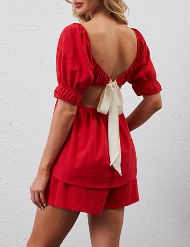 Two Piece Short Sets for Women 2025 Short Puff Sleeve Tie Back Babydoll Tops and Shorts Cute 2 Piece Vacation Outfits2